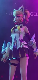 Anime character in neon purple light with futuristic style.