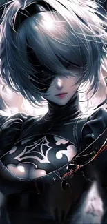 Futuristic anime character with intricate dark design.