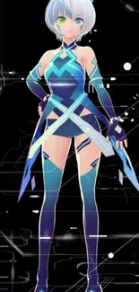 Futuristic anime character in vibrant blue outfit with neon details.