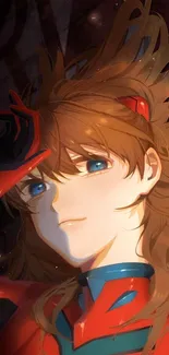 Anime character with blue eyes and brown hair in a red and blue outfit.