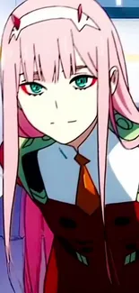 Anime character with pink hair and green armor, gazing forward.