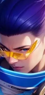 Anime character with purple hair and yellow glasses