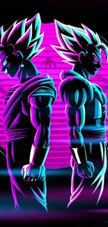 Anime characters in neon hues on a mobile wallpaper.