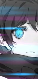 Anime character with glowing blue eyes and cool tone lighting.