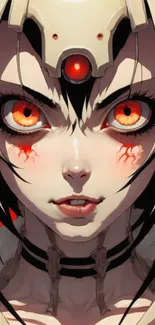 Futuristic anime character with striking red eyes on a red background.