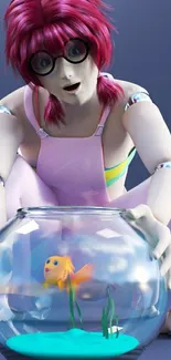 Anime character with pink hair and glasses looking at a goldfish in a bowl.