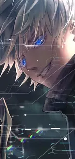 An anime character with blue eyes in a futuristic digital setting.