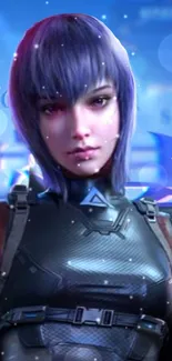 Futuristic anime character with blue hair and armor in cyberpunk style.