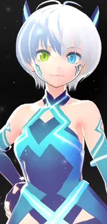 Futuristic anime character with blue and green eyes in a vibrant digital style.