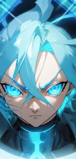 Futuristic anime character with blue hair and luminous eyes.