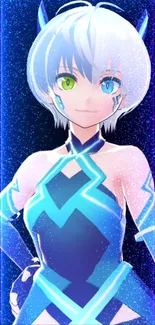 Futuristic anime character with dual eyes on cosmic backdrop.