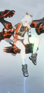 Futuristic anime character with orange accents on a light gray background.