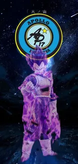 Futuristic anime character with purple energy aura in cosmic background.