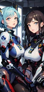 Futuristic anime characters in sci-fi suits.