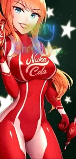 Anime character in red suit holding a bottle on a Christmas-themed wallpaper.