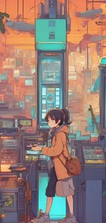 Futuristic anime cityscape with vibrant technology.