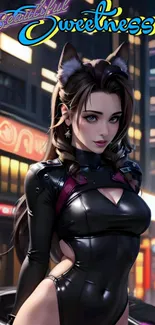 Anime character with cat ears in a neon-lit futuristic cityscape.