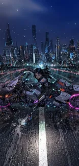 Anime motorbike speeding in futuristic cityscape under night sky.