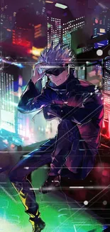 Anime character in a futuristic neon-lit cityscape.