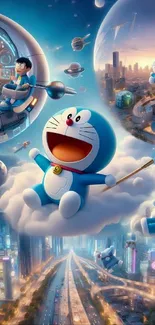 Doraemon with futuristic cityscape in vivid space setting mobile wallpaper.