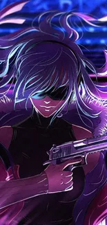 Futuristic anime hero with a gun in neon lights.