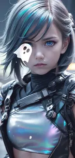 Futuristic anime character with blue eyes in cyberpunk style.