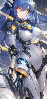 Anime cyborg girl with blue hair and futuristic armor design.