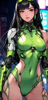 Futuristic anime cyborg in a lime green suit in urban neon background.