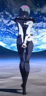 Anime woman standing in futuristic space with Earth in background.