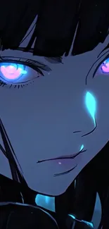 Futuristic anime face with glowing neon eyes.