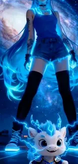 Anime character with neon blue aura in galaxy.
