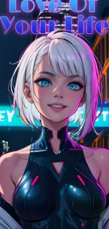 Futuristic anime girl with city lights in the background, vibrant colors.