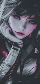 Futuristic anime girl with pink highlights in a gray cyberpunk suit.