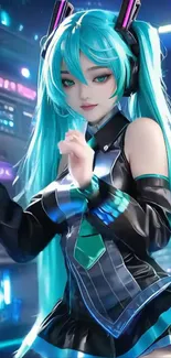 Futuristic anime girl with cyan hair and vibrant colors in a dynamic pose.