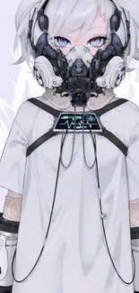 Futuristic anime character with robotic headset on a monochrome background.