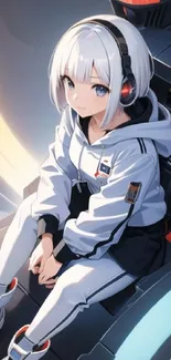 Futuristic anime girl with white hair and headphones.