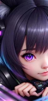 Anime girl with vibrant purple eyes and futuristic headphones.