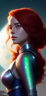 Futuristic anime girl with red hair against a cosmic background.