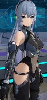 Futuristic anime girl with gray hair and robotic suit.