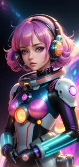 Futuristic anime girl with colorful headphones in a cosmic setting.