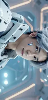 Futuristic anime character with silver hair in a sci-fi setting.