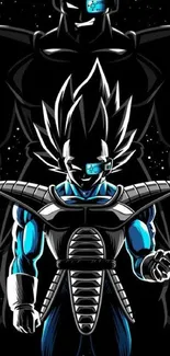 Anime hero with futuristic armor and dark backdrop.