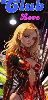 Futuristic anime heroine in vibrant armor inside a colorful store.