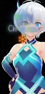 Futuristic anime character with blue outfit and Christmas theme on black background.