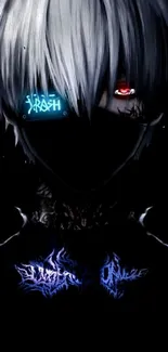 Anime character with red eyes and mask in a dark, futuristic style.