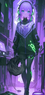 Futuristic anime girl with neon lights in a high-tech environment.