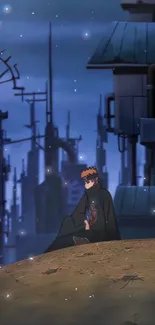 Anime character sits on a hill in a futuristic night cityscape.