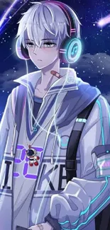 Anime boy with headphones in a futuristic cityscape at night.