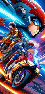 Anime bikers racing in a futuristic scene with jets.