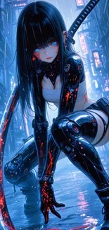 Anime samurai kneels with sword on futuristic city street.